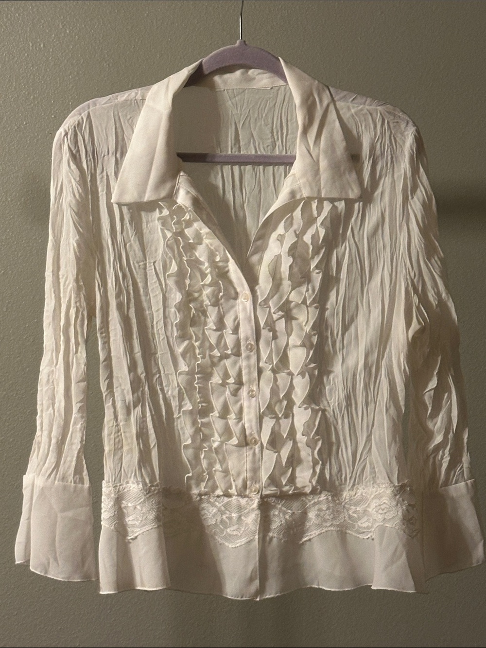 Women's Cream Ruffle-Front Button Down Shirt with Lace Trim